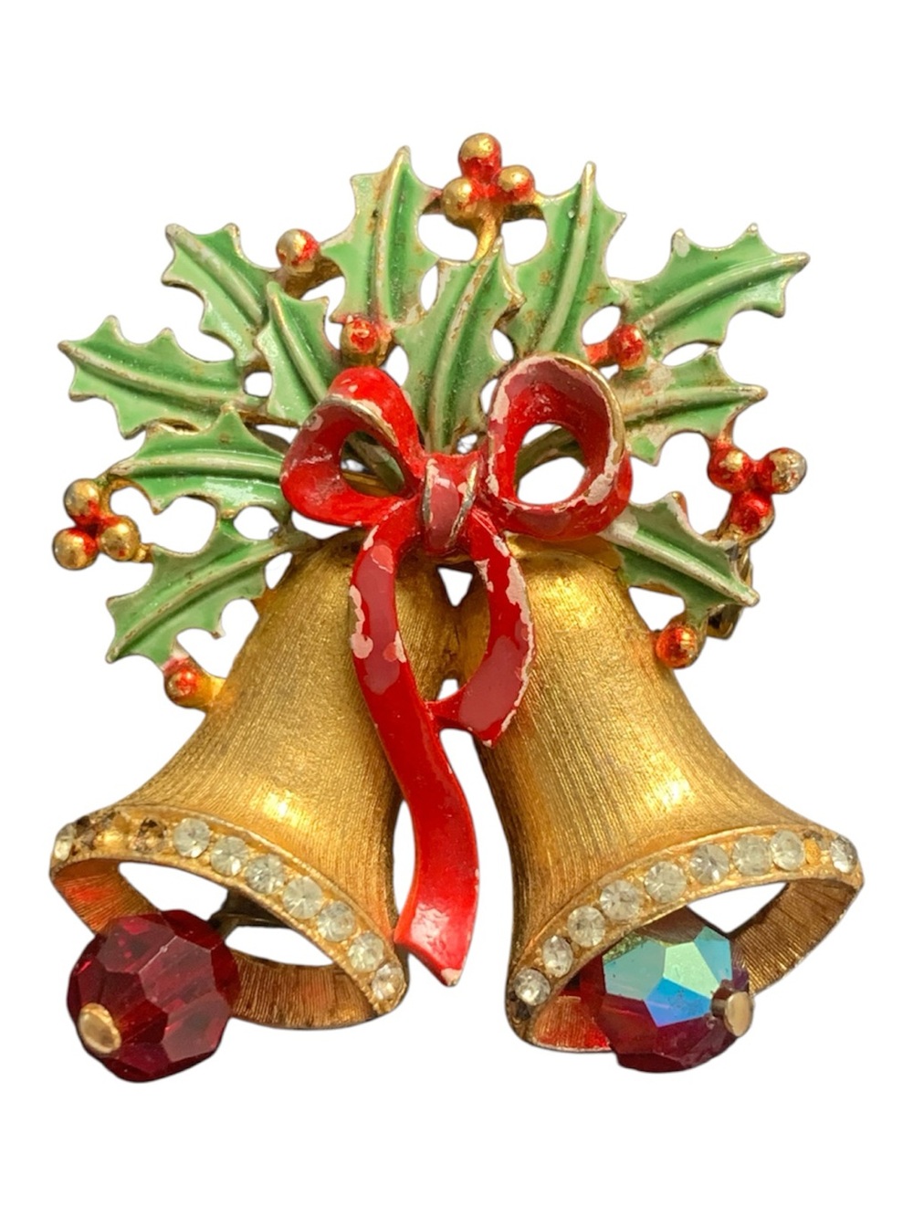 Vintage Albert Weiss Gold-Tone Holiday Bell Brooch with Red Bow and Green Holly